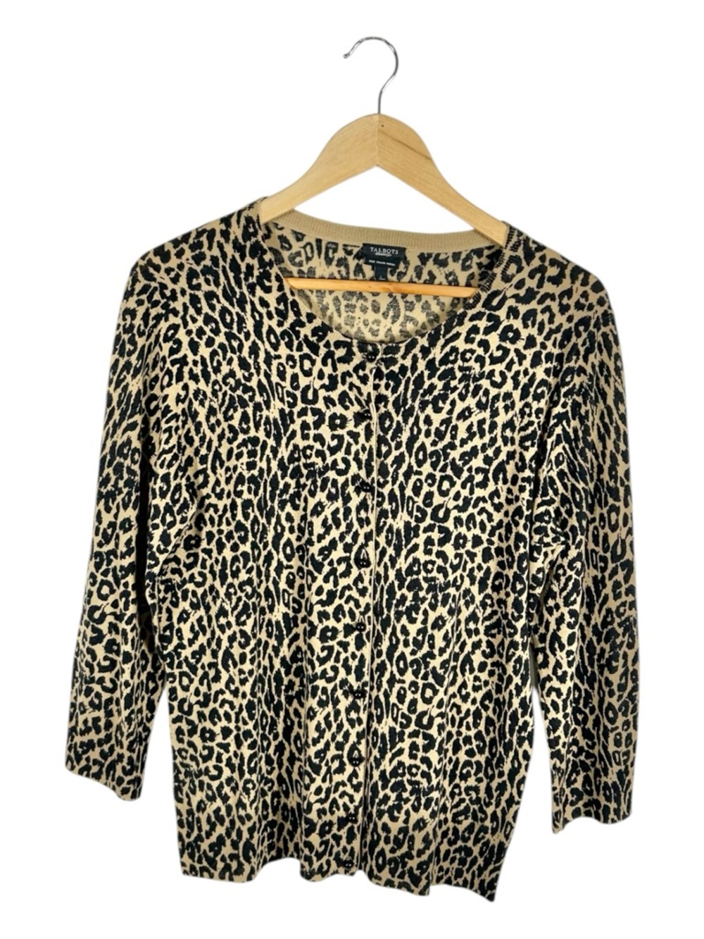 Talbots Cheetah Print 100% Merino Wool‎ Button Cardigan Sweater Size Large